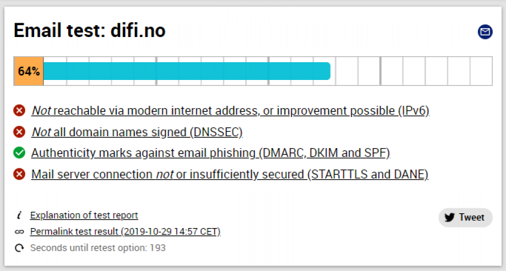 Oversiktsbilde av status for test av e-post med testverktøyet internet.nl