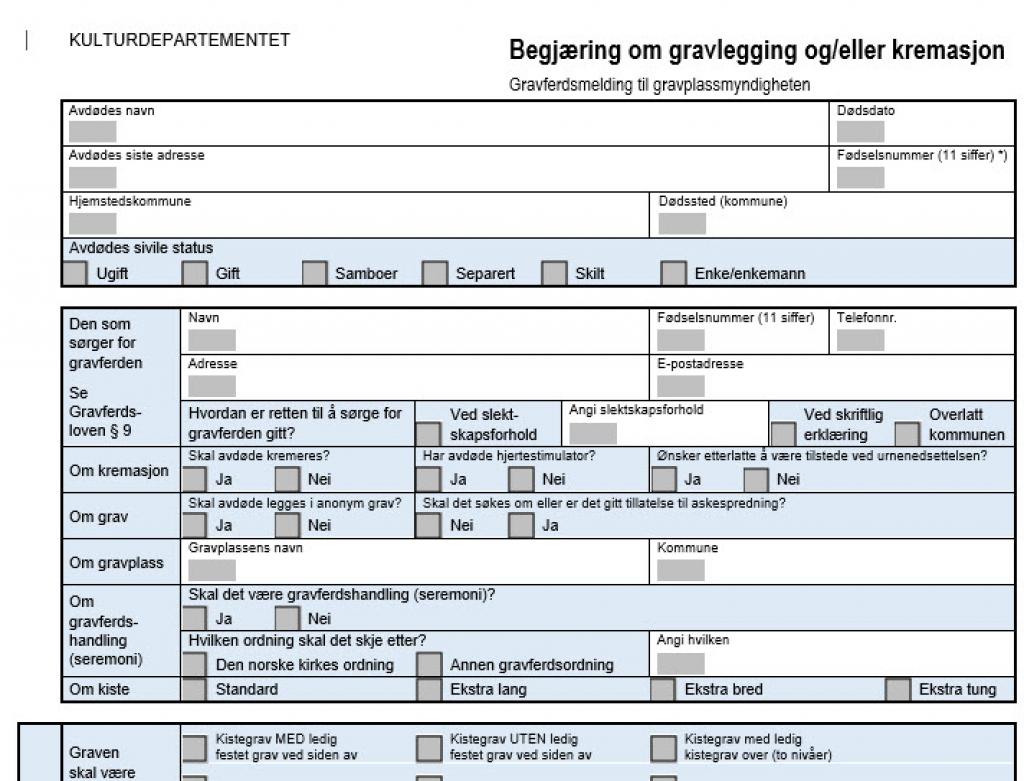 Skjerbilde av skjemaet "Begjæring om gravlegging og/eller kremasjon"