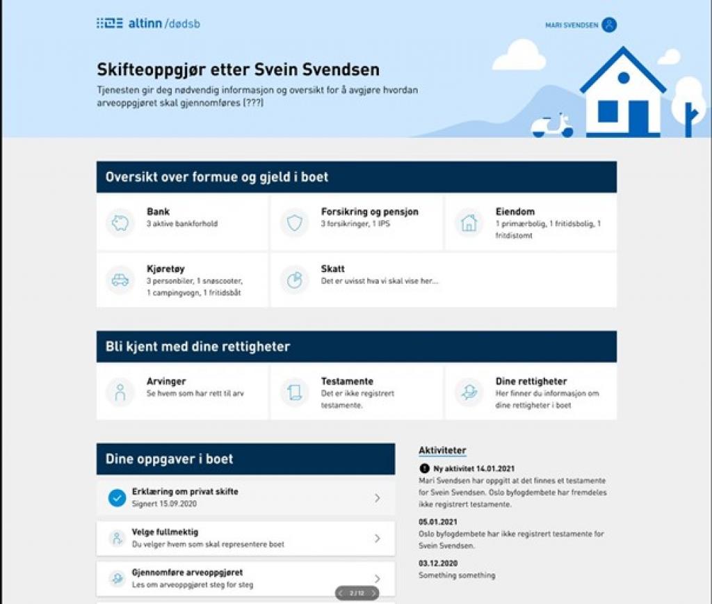 Bildet viser hvordan informasjonen i det digitale dødsboet kan presenteres for de etterlatte.