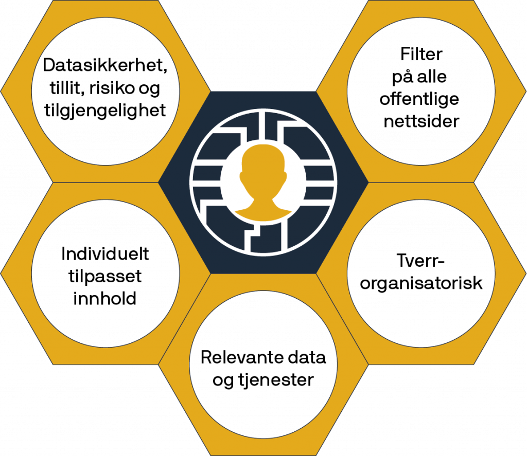 Illustrasjon. Digital assistent skal gi filter på alle offentlige nettsider, være tverrorganisatorisk, gi relevante data og tjenester, gi individuelt tilpasset innhold og ta hensyn til datasikkerhet, tillit, risiko og tilgjengelighet.