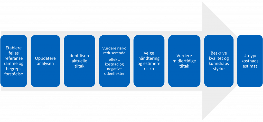 Illustrasjon av prosessen for å foreslå håndtering av risikoer - åtte bokser lagt over en pil som viser fremdriften. 