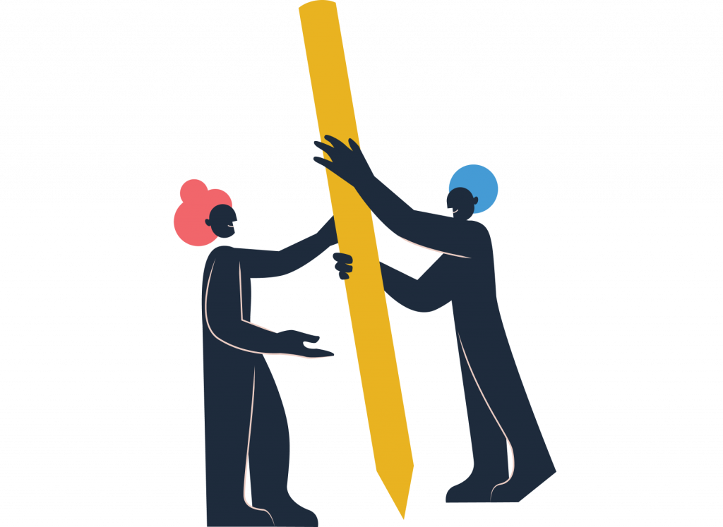 Digdir illustrasjon - to personer støtter seg mot en blyant