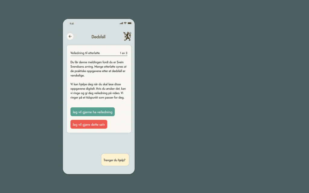 Skjermbilde med veiledning til etterlatte og man kan velge om man vil ha veiledning eller ikke