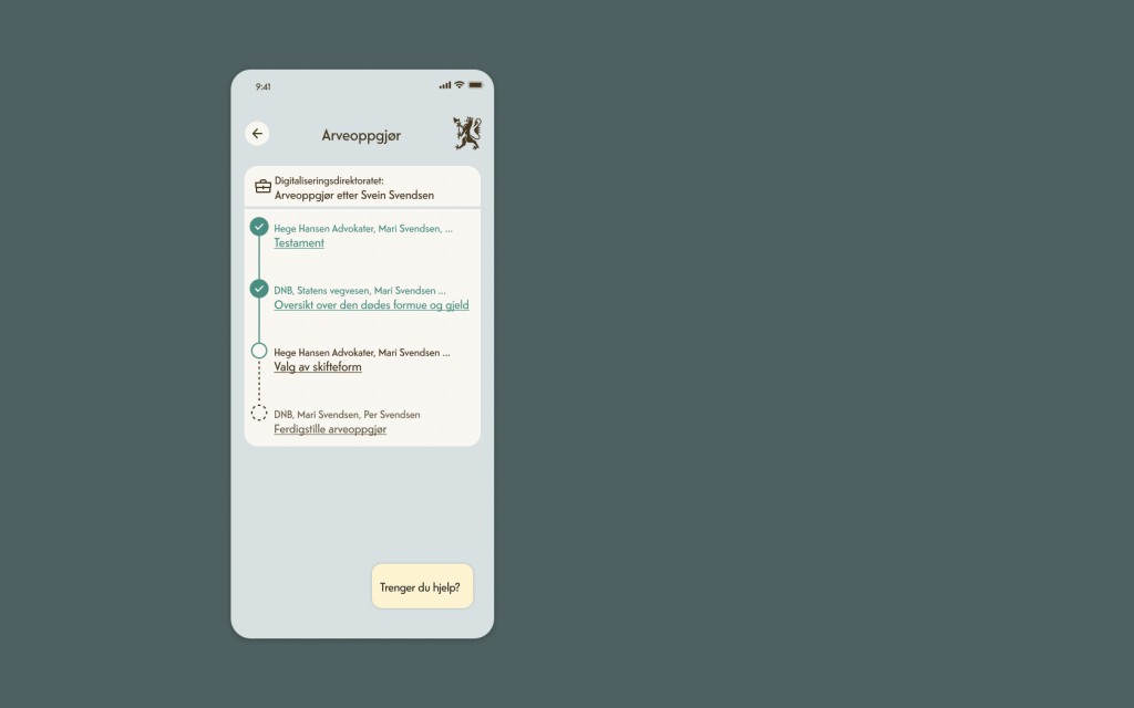 Skjermbilde av app som viser oversikt over trinnene i arveoppgjør etter Svein Svendsen: Testament, oversikt over den dødes formue og gjeld, valg av skifteform og ferdigstille arveoppgjøret