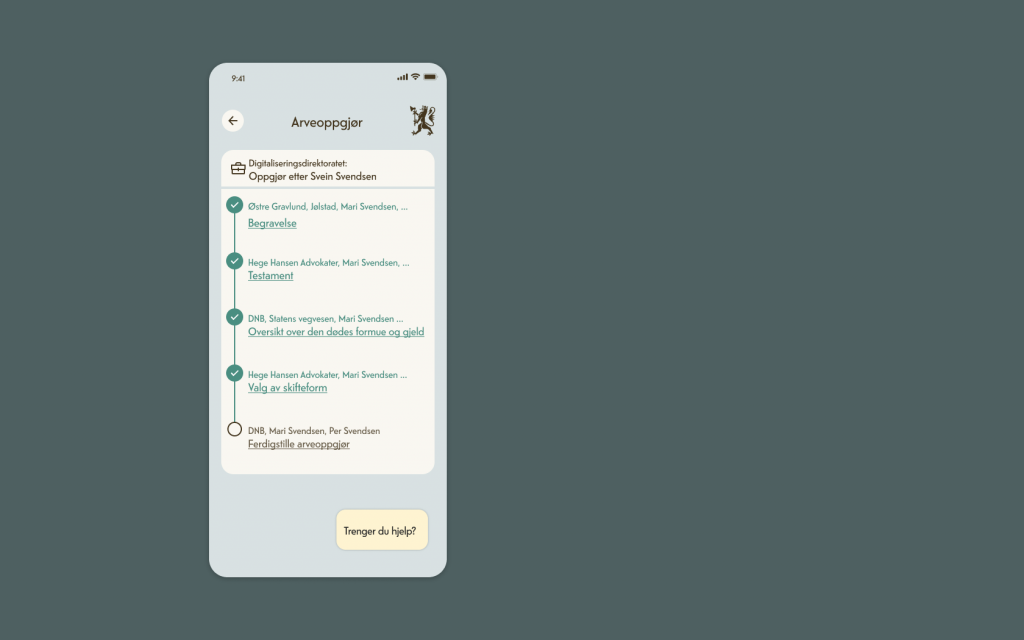 Skjermbilde som viser prosess over arveoppgjøret og valg av skifteform er huket av som fullført.