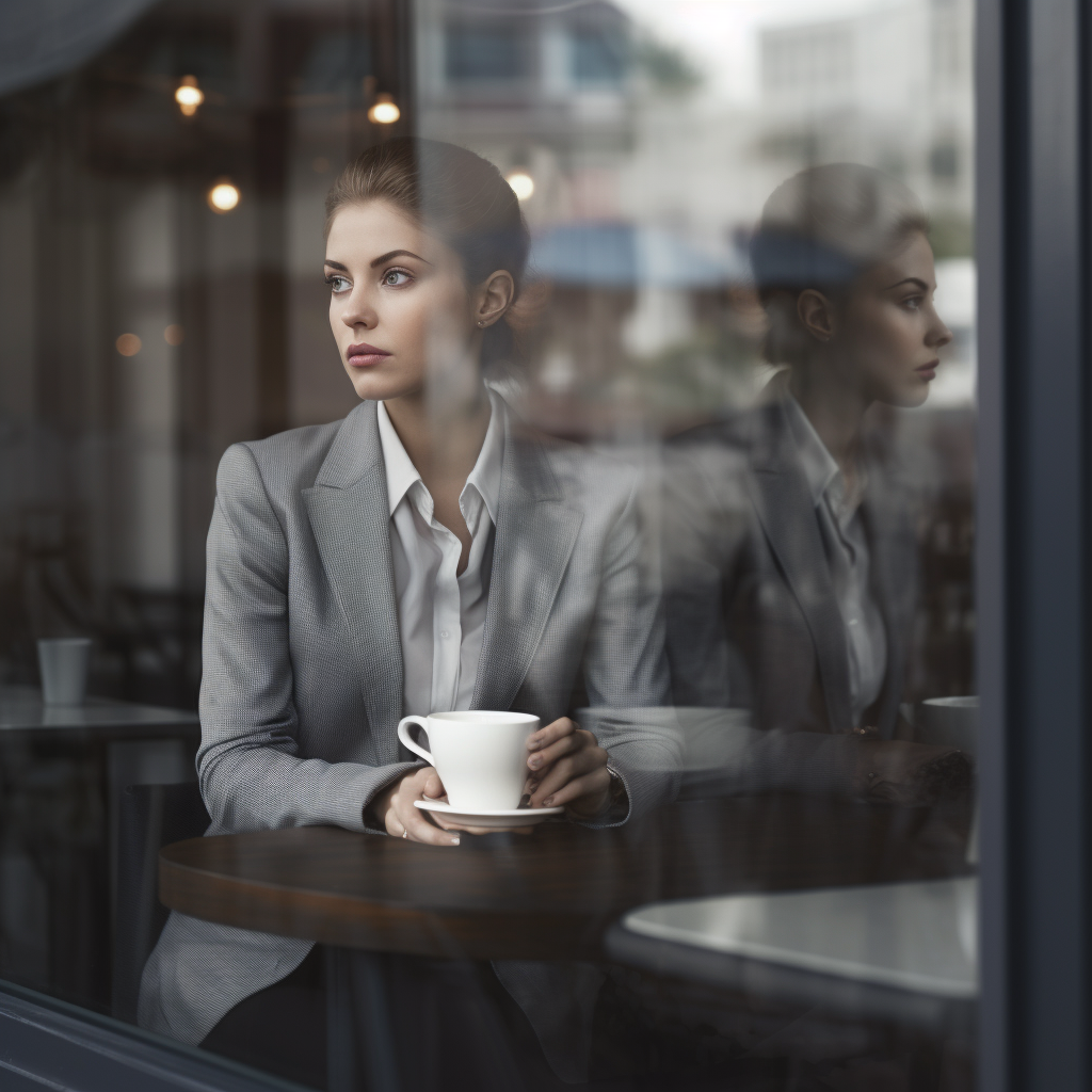 Et veldig realistisk bilde generert av kunstig intelligens. Bilde viser en ung dame som sitter på en café i dress og holder en kaffekopp. Bilde er tatt gjennom vinduet og vinduet viser refleksjoner.