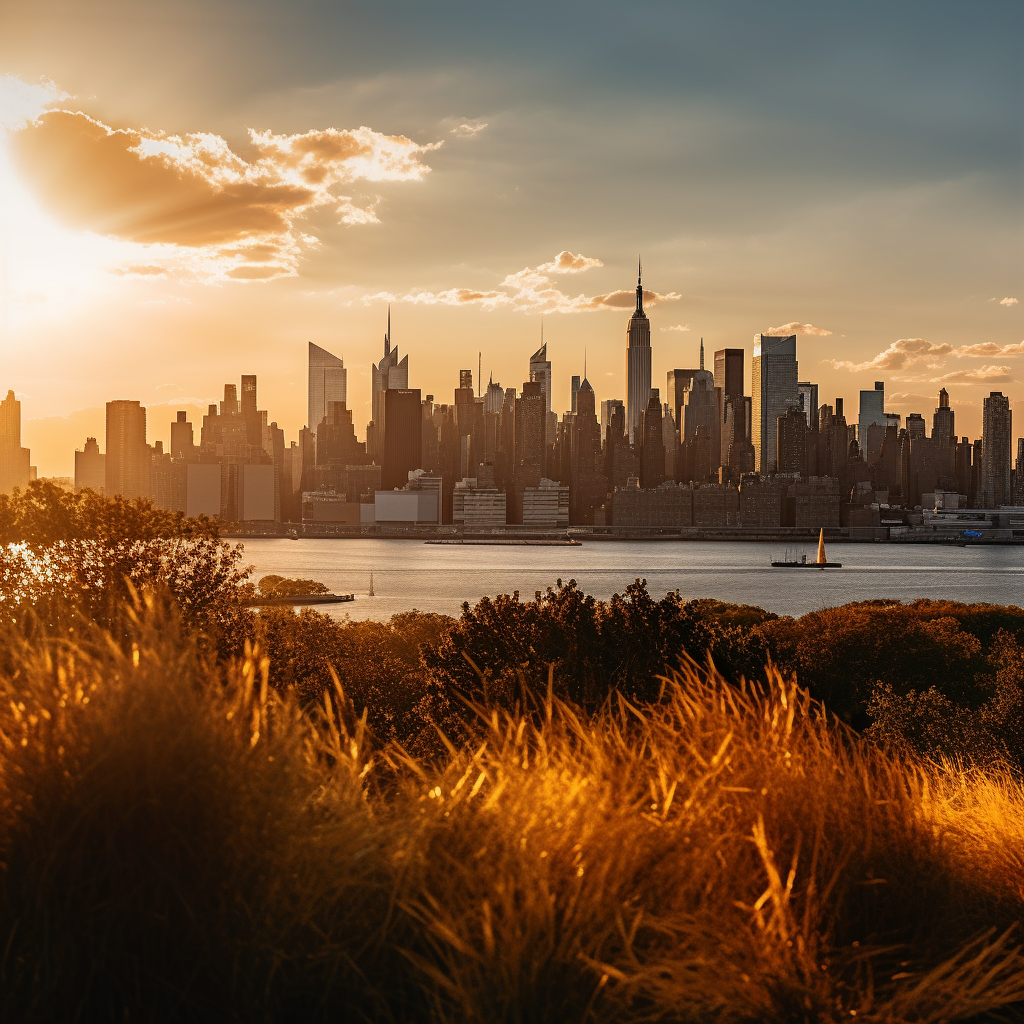 Et bilde generert av kunstig intelligens som viser et realistisk bilde av New York i soloppgang. New York er i horisonten og nærmest kamera er det litt gress i sollyset.