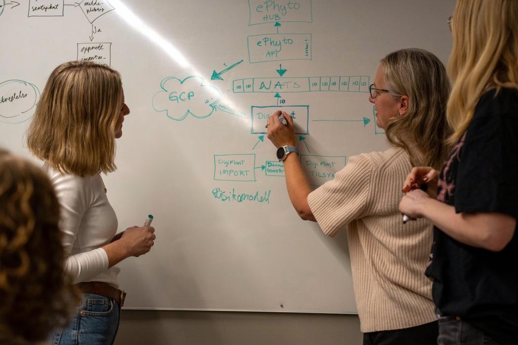 Fire mennesker som skriver og tegner på en arbeidstavle.